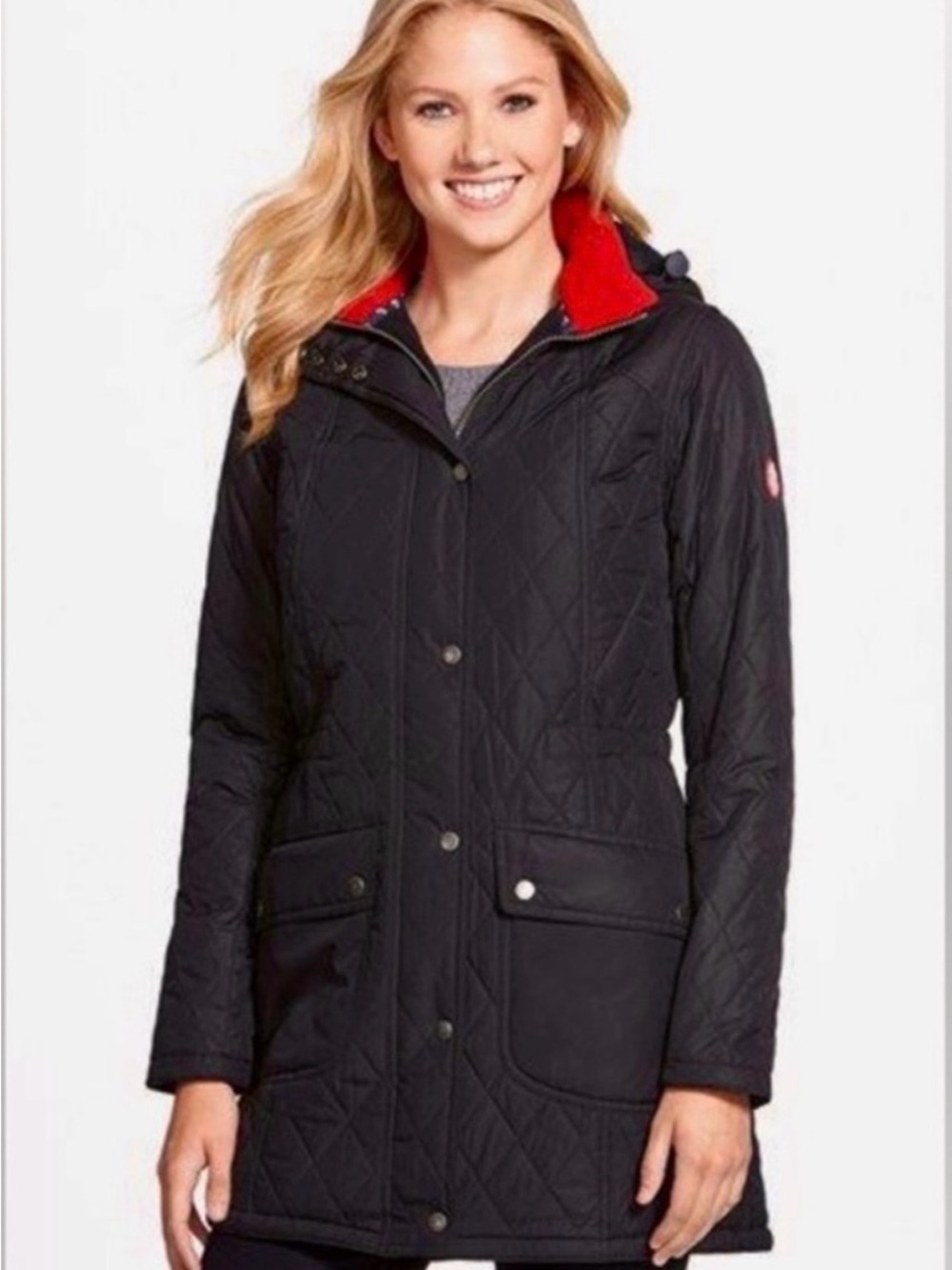 Barbour Black Quilted Pea Coat with Red Trim